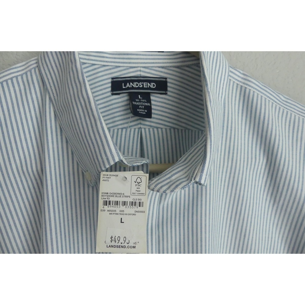 Lands End Supima Oxford Shirt Blue Stripe Traditional Fit L 16-16.5 NWT No Iron